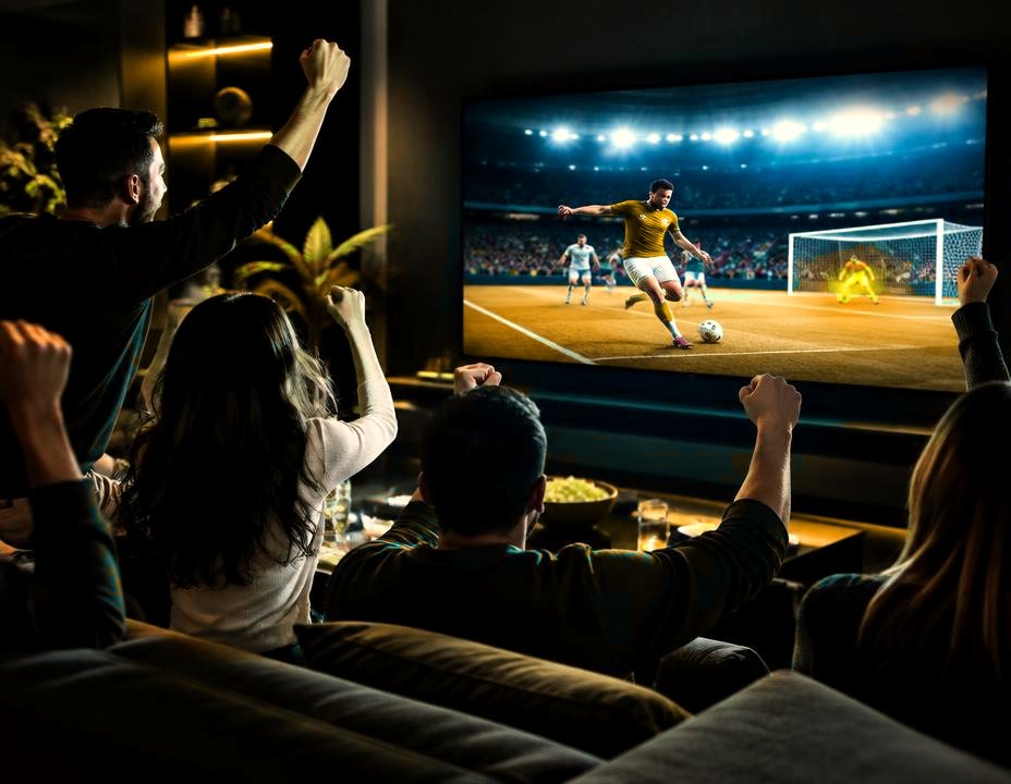 Friends cheering together while watching a live football match
